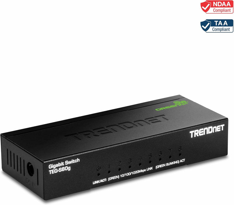 TRENDnet 8-Port Unverwalteter Gigabit GREENnet Desktop Metall Switch, Ethernet Splitter, Lüfterlos,