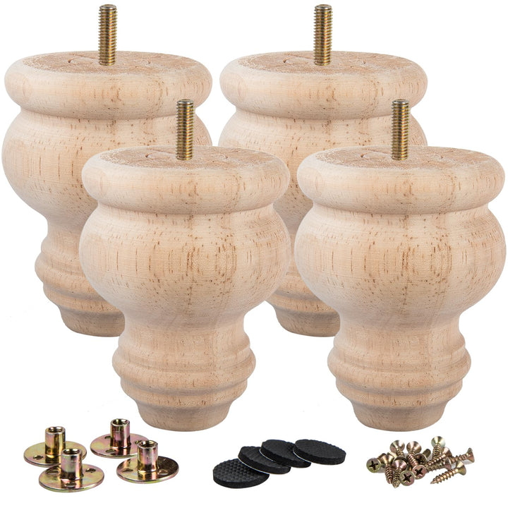 La Vane 4 Stück Möbelfüsse aus Massivholz - 8cm Höhe, Unlackiert, Spindelform mit M8 Bolzen & Montag