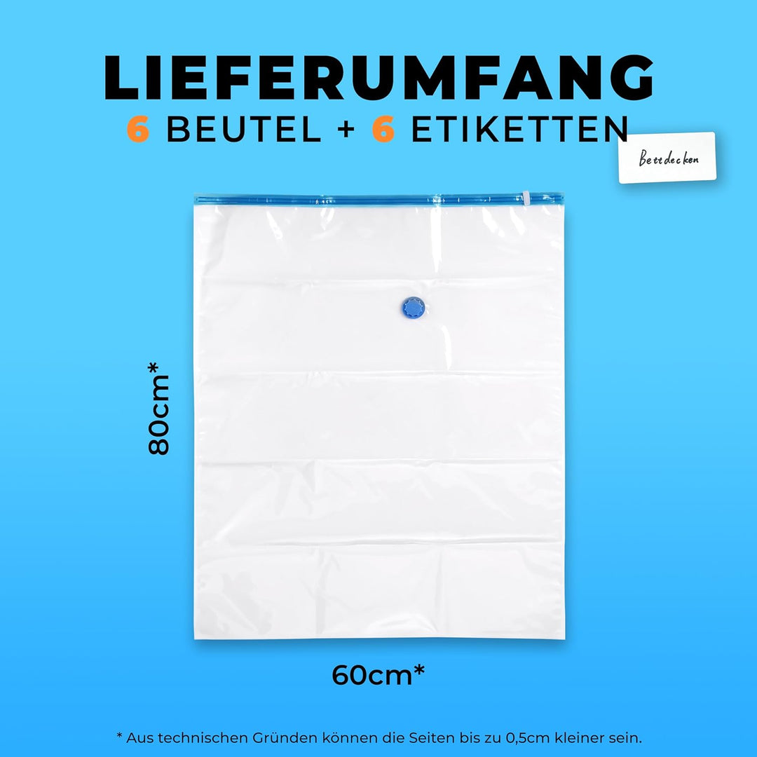 figg 6er Set Vakuumbeutel für Kleidung mit luftdichtem Ventil und Etiketten zum Beschriften (Grösse