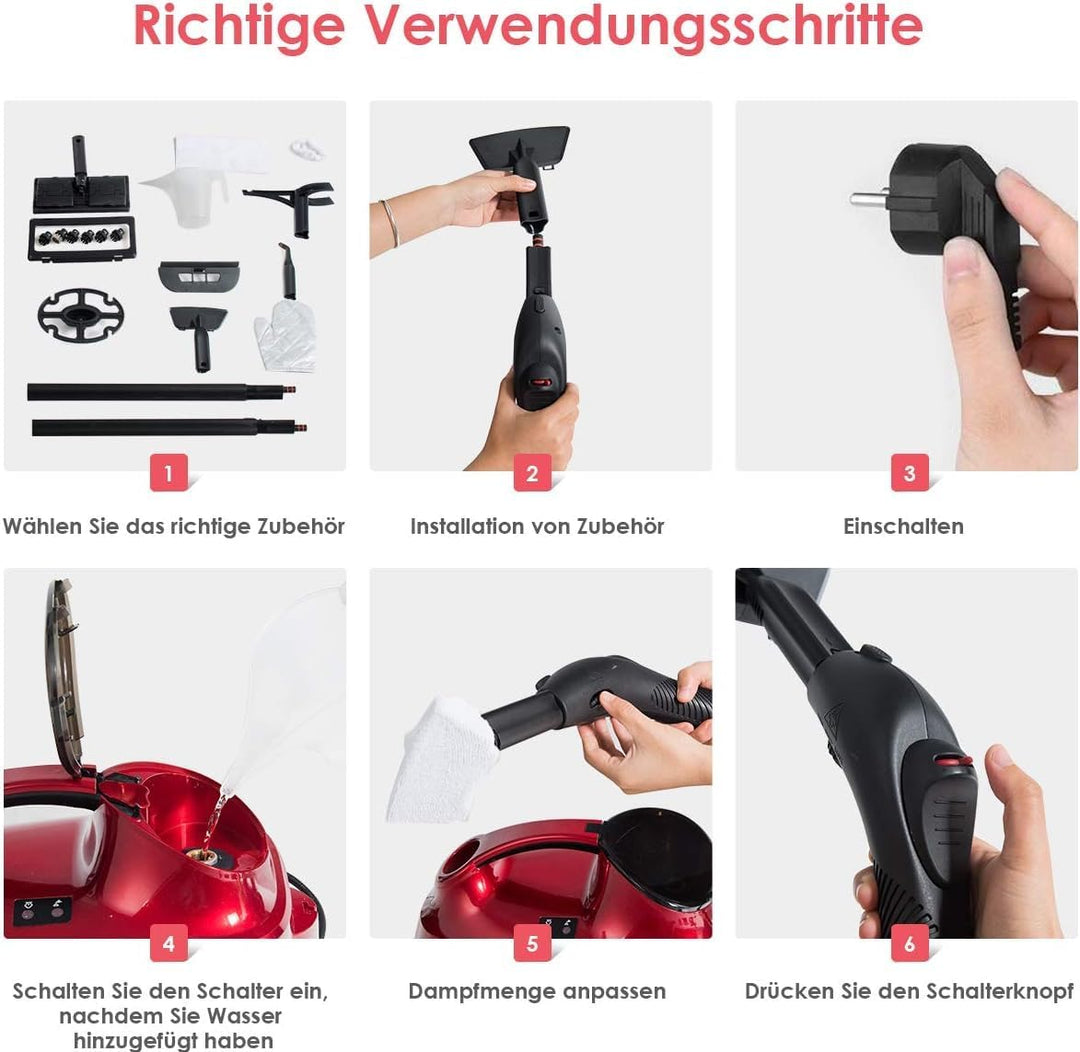 FANTASK 2000-W-Dampfreiniger bis zu 108 ° C, Tank: 1,5L, mit 19 Zubehör und integrierter Kindersiche