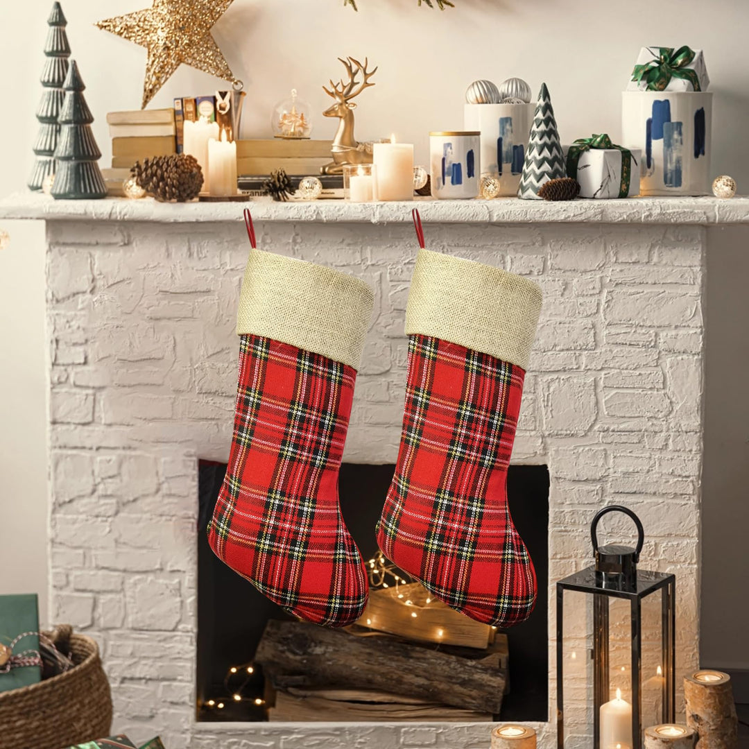 2 Stück Weihnachtsstrumpf, Plaid Nikolausstrumpf 48cm gross mit Jute Cuff zum befüllen, Dekoration f