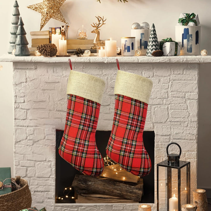 2 Stück Weihnachtsstrumpf, Plaid Nikolausstrumpf 48cm gross mit Jute Cuff zum befüllen, Dekoration f