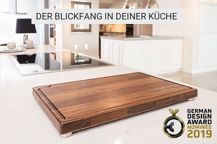 Schneidboard Nussbaum S+ - Design Schneidebrett Aus Holz mit Saftrille - Made in Germany - 45x29x3,8