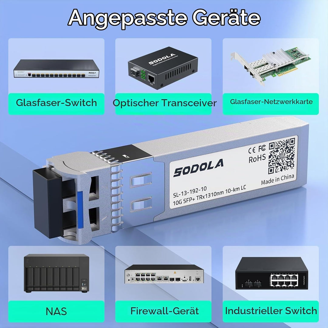 Sodola 10GBase-LR SFP+ Transceiver, 10G 1310nm SMF, bis zu 10 km, Kompatibel mit Cisco SFP-10G-LR, M