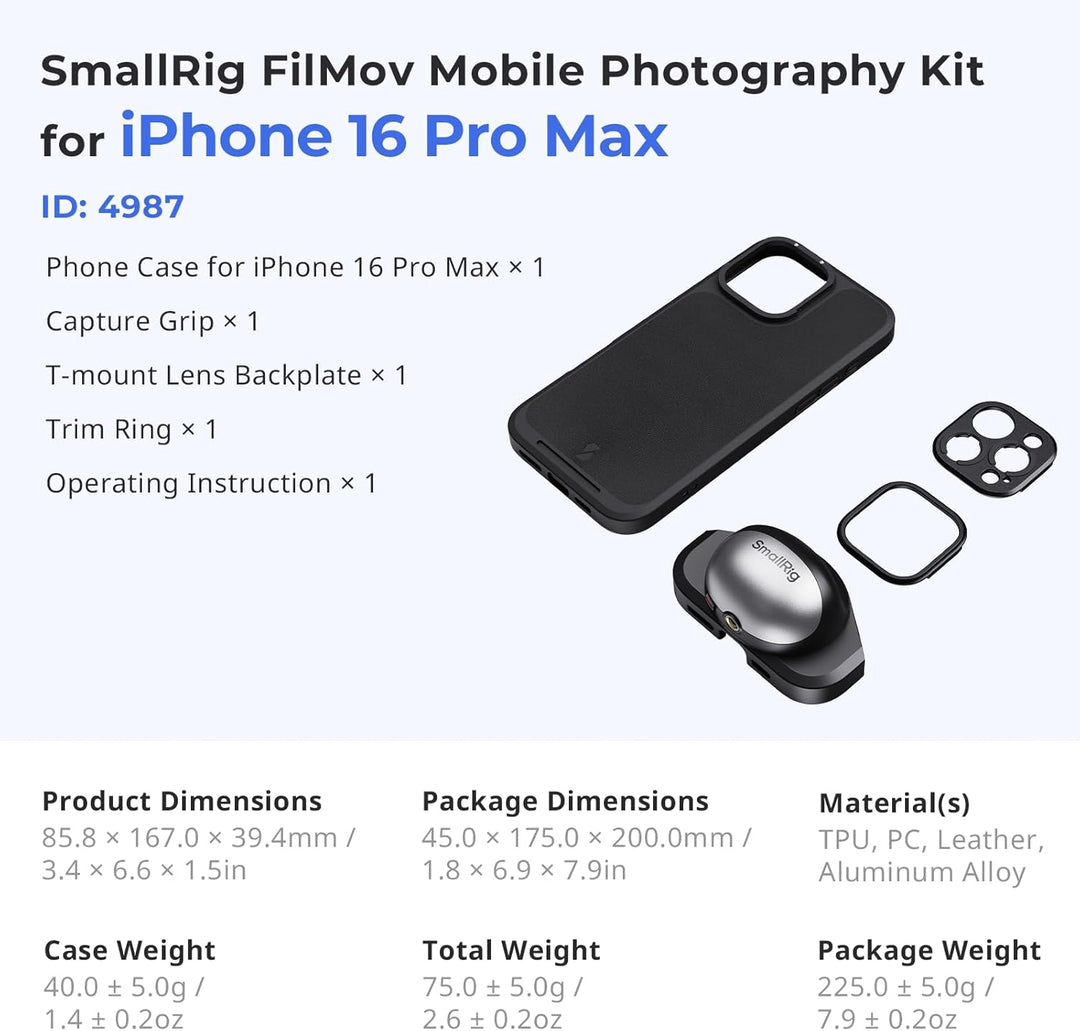 SMALLRIG FilMov Handyhüllen-Set für iPhone 16 Pro Max, leichte Fotohülle mit T-Mount-Objektivrückpla