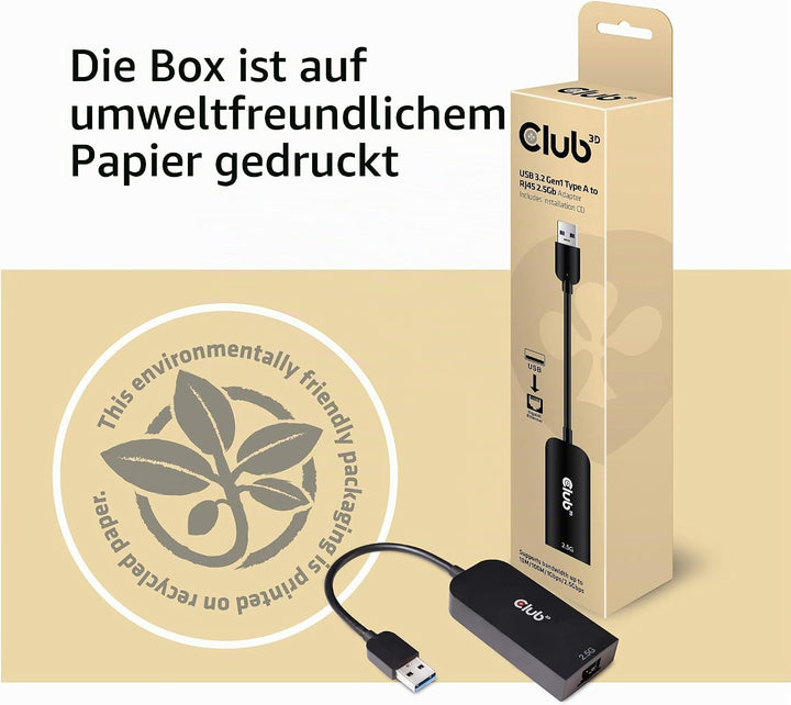 Club 3D USB 3.2 Gen1 Adapter Typ-A zu 2, 5 Gigabit Ethernet ST./BU. schwarz, CAC-1420