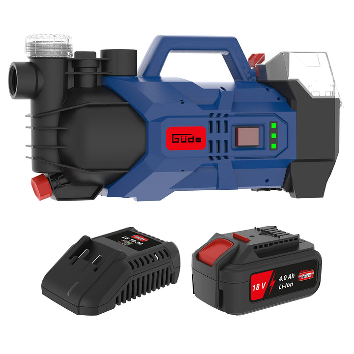 Güde GP 18-401-30 Akku Gartenpumpe, 72 W, 18 V, Blau inkl. 4 Ah Akku & Ladegerät Single, inkl. 4 Ah