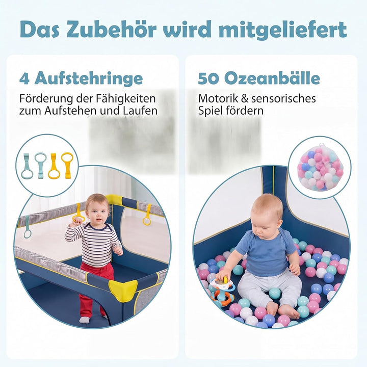 DREAMADE Laufstall Baby Faltbar, 150 x 150 x 76,5 cm Laufgitter mit 50 Ozeanbällen, 4 Haltegriffen &amp;