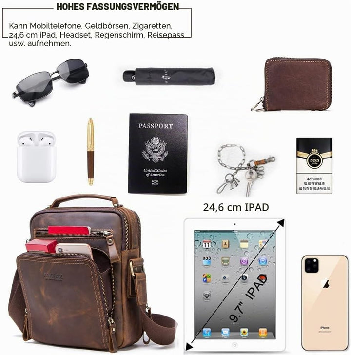 Contacts Echtes Leder Herren Laptop Mini Tab Messenger Crossbody Bag Tasche Handtasche Braun Kaffee,