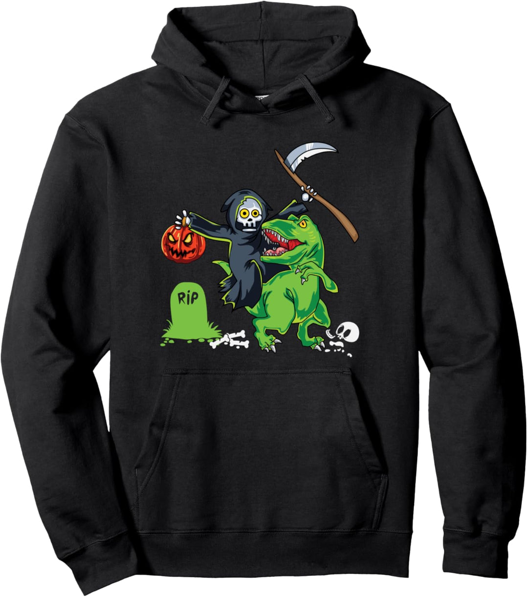 Reaper Riding T-Rex Scary Halloween Costume Gothic Goth Punk Pullover Hoodie
