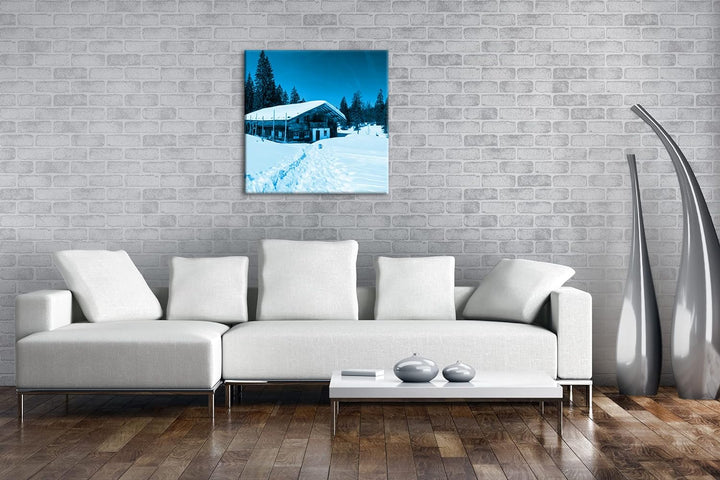 deyoli Skihütte im Winter Format: 70x70 Effekt: Monocrome Blau als Leinwandbild, Motiv fertig gerahm