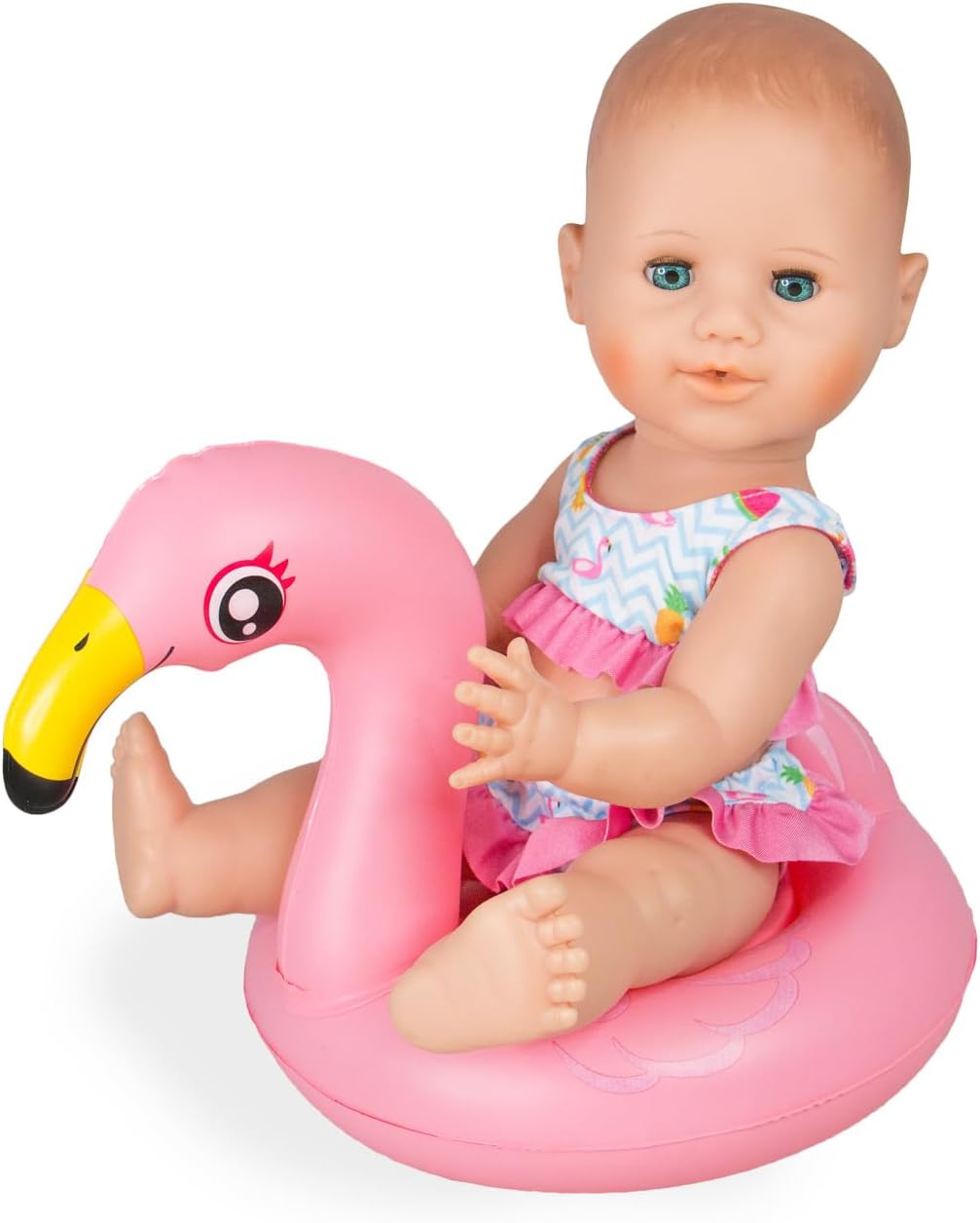Heless 99 - Schwimm-Set für Puppen, 3 teilig, Flamingo Ella, Bikini, Flip Flops und Schwimmring, Grö