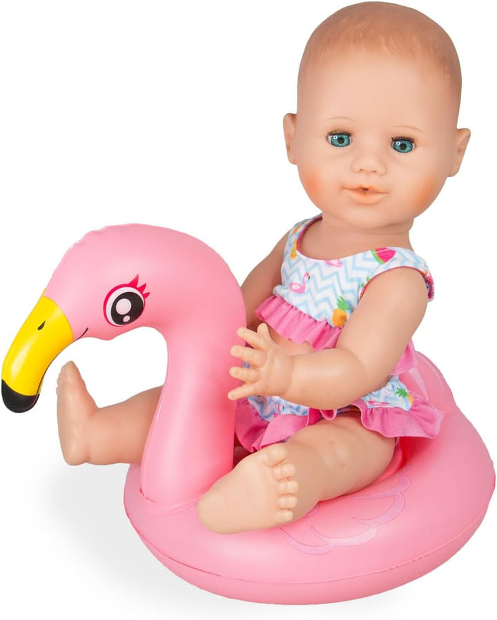 Heless 99 - Schwimm-Set für Puppen, 3 teilig, Flamingo Ella, Bikini, Flip Flops und Schwimmring, Grö