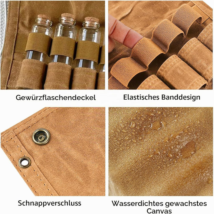 LEKEFETO Tragbare Gewürztasche aus Segeltuch mit 9 Gewürzgläsern, Camping Gewürzset für Outdoor, BBQ