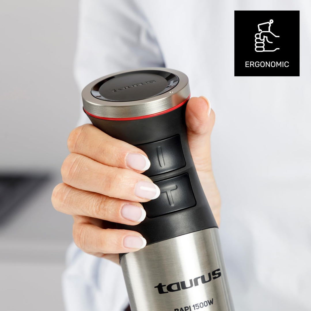 Taurus – Stabmixer 1500W | 20 Geschwindigkeiten + TURBO | Edelstahlklingen | Spritzschutzglocke | Er