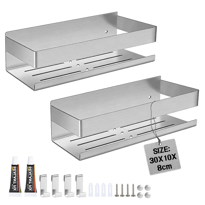 EXLECO 2X 30CM Duschablage Ohne Bohren Duschregal Wand Edelstahl Badregal mit 8 Haken Duschkorb zum