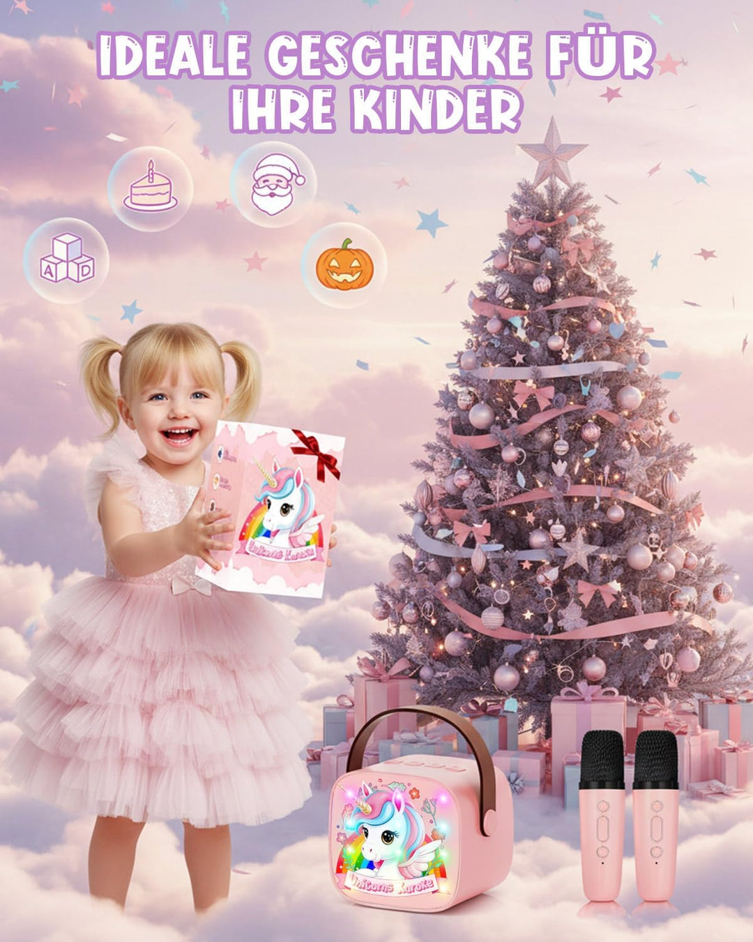 Karaoke Maschine Kinder mit 2 Bluetooth Mikrofon, Tragbarer Karaoke Drahtlosen Mikrofon mit LED-Lich