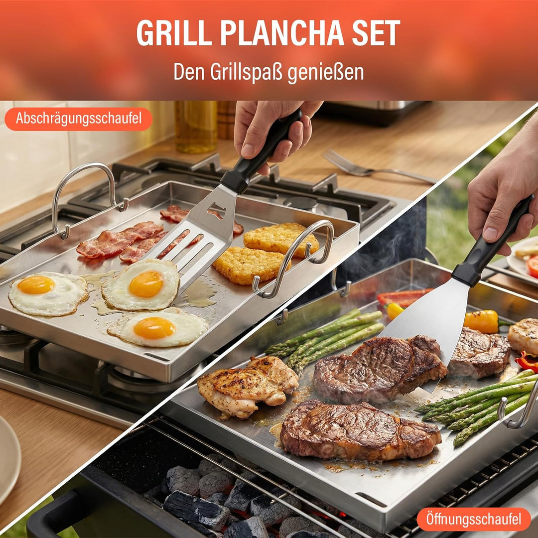 Premium Plancha Grillplatte 40×30 cm – 4 mm Edelstahl, inkl. 3 Grillwerkzeuge &amp; 30 Fettabsorptionspa