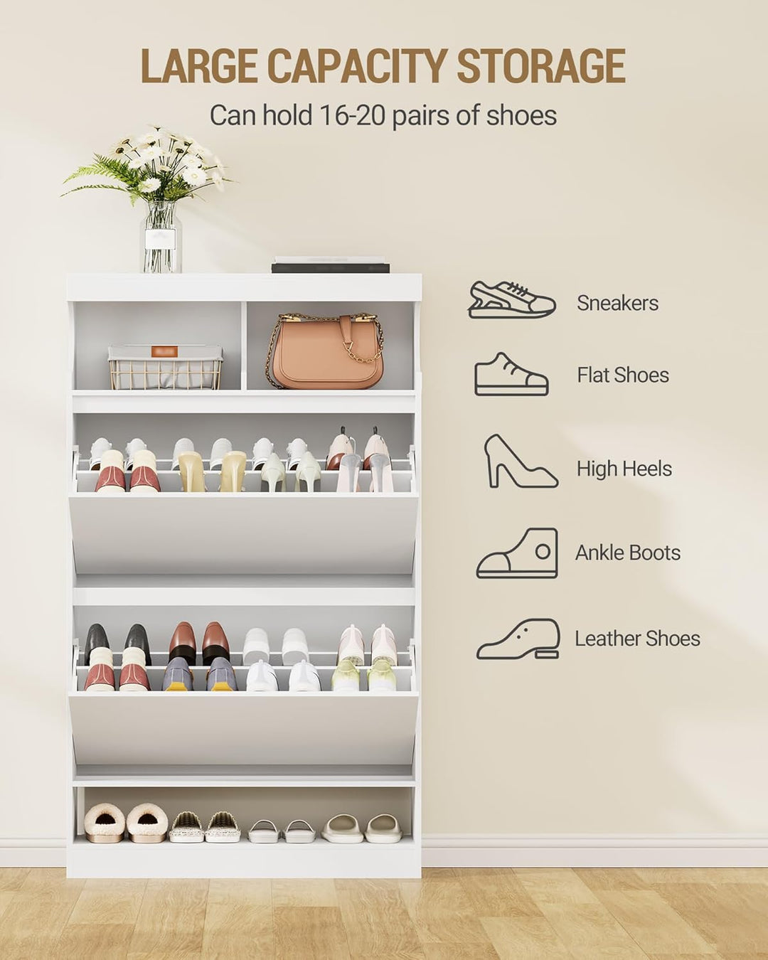 Hzuaneri Schuhschrank, Schuhaufbewahrung, Holz Schuhkipper, Schuhregal, Offenes Fach, Trennwand Vers
