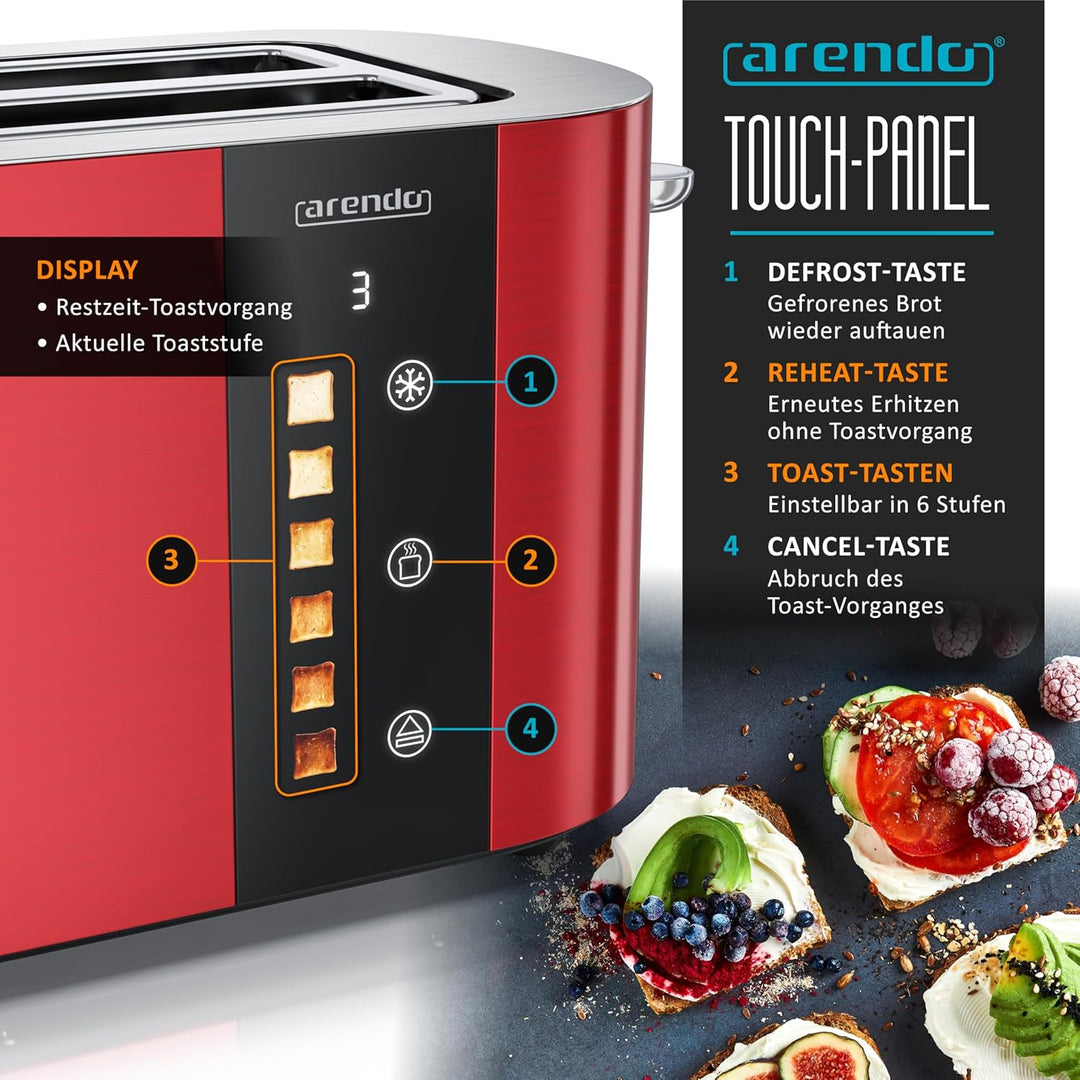 Arendo - Edelstahl Toaster 4 Scheiben Langschlitz - Touchscreen – Doppelwandgehäuse – 1500 W – Integ