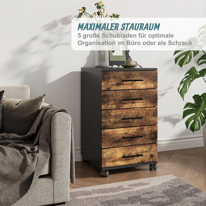Relaxdays Rollcontainer, 5 Schubladen, HxBxT: 69 x 40 x 40 cm, Aktenschrank auf Rollen, Bürocontaine