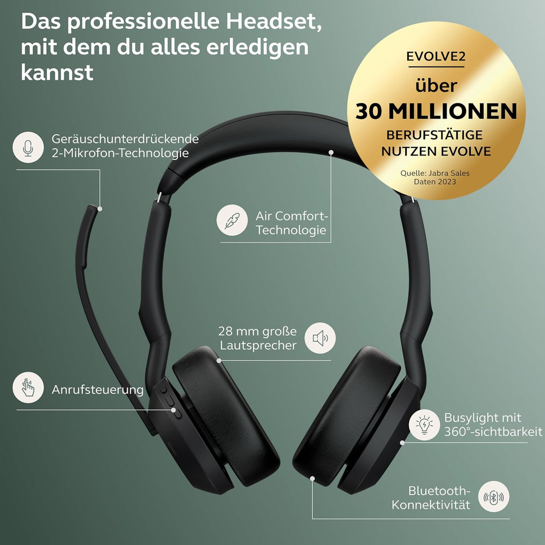 Jabra Evolve2 55 - schnurloses Stereo-Headset Air Comfort - Mikrofone mit Geräuschunterdrückung und