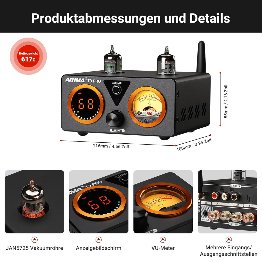 AIYIMA T9PRO JAN5725 Vakuumröhrenverstärker 100Wx2 TPA3250 Stereo-USB-DAC-Verstärker QCC3031 Bluetoo