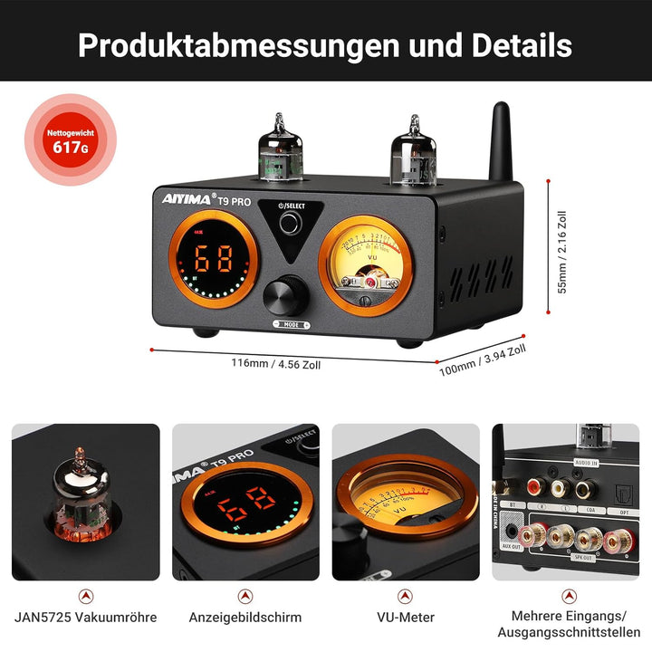 AIYIMA T9PRO JAN5725 Vakuumröhrenverstärker 100Wx2 TPA3250 Stereo-USB-DAC-Verstärker QCC3031 Bluetoo