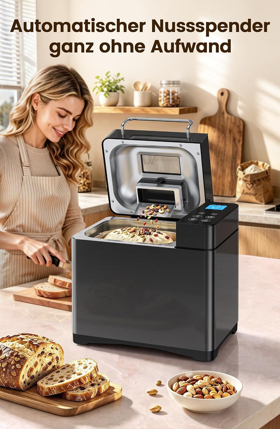710W 1KG Konvektions Brotbackautomat mit Doppelten Heizrohren, 17 in 1 Edelstahl Brotbackmaschine, K