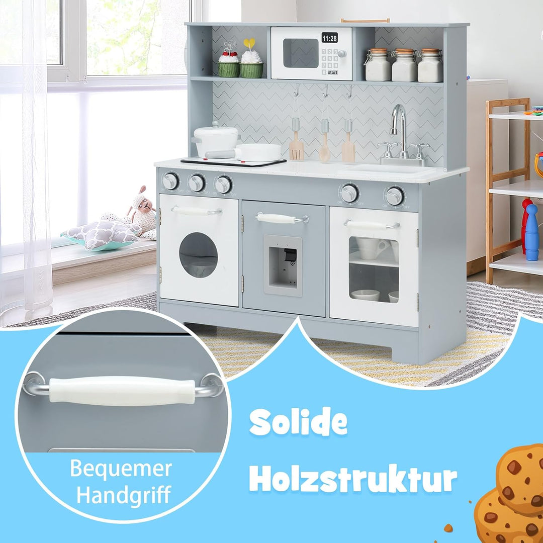 COSTWAY Kinderküche mit Spielzubehör, Licht und Sound, Kinder Spielküche Holz mit Mikrowelle & Wasse