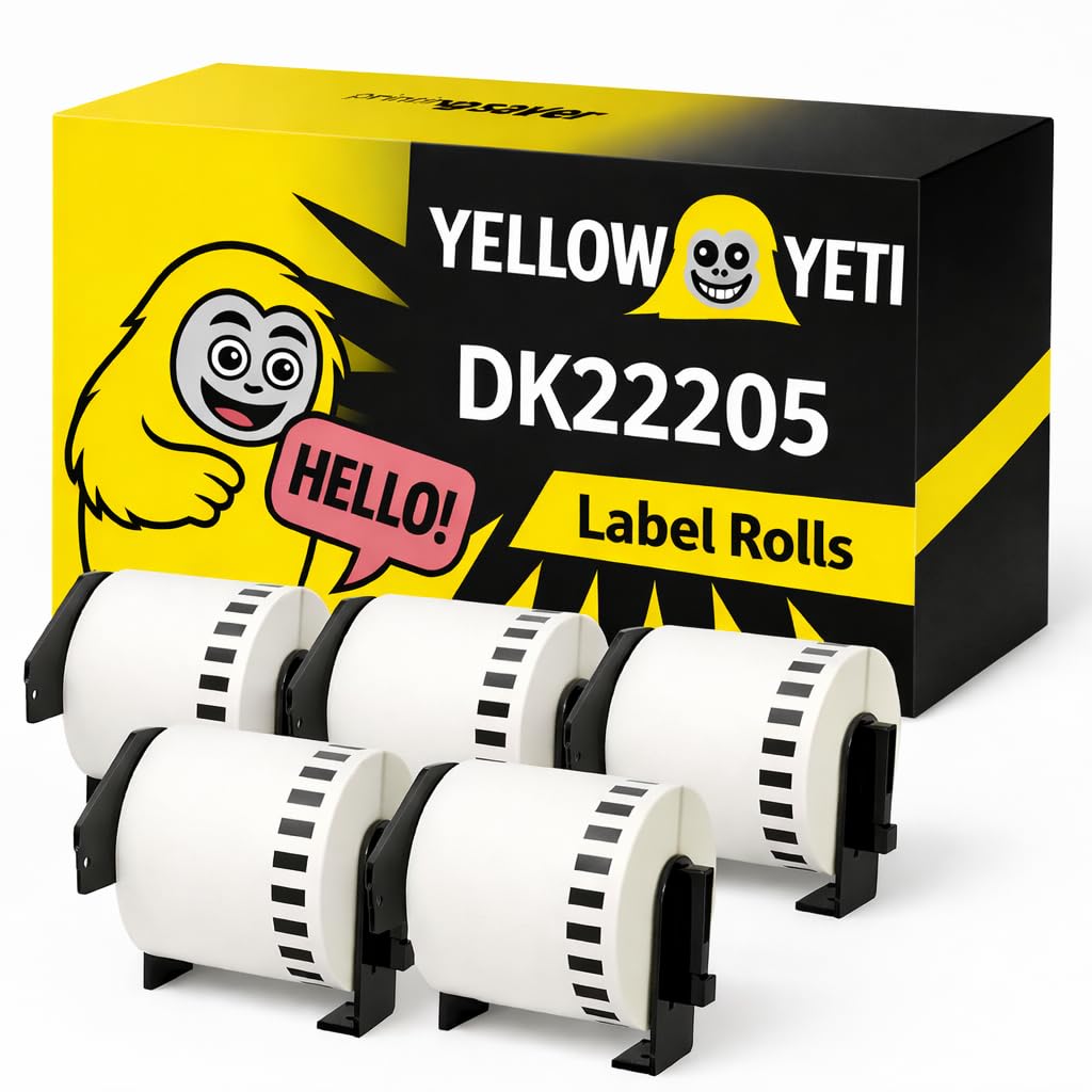 Yellow Yeti 5 Ersatz Brother DK 22205 Endlosetiketten Weisse Kompatibel mit Etikettendrucker Brother