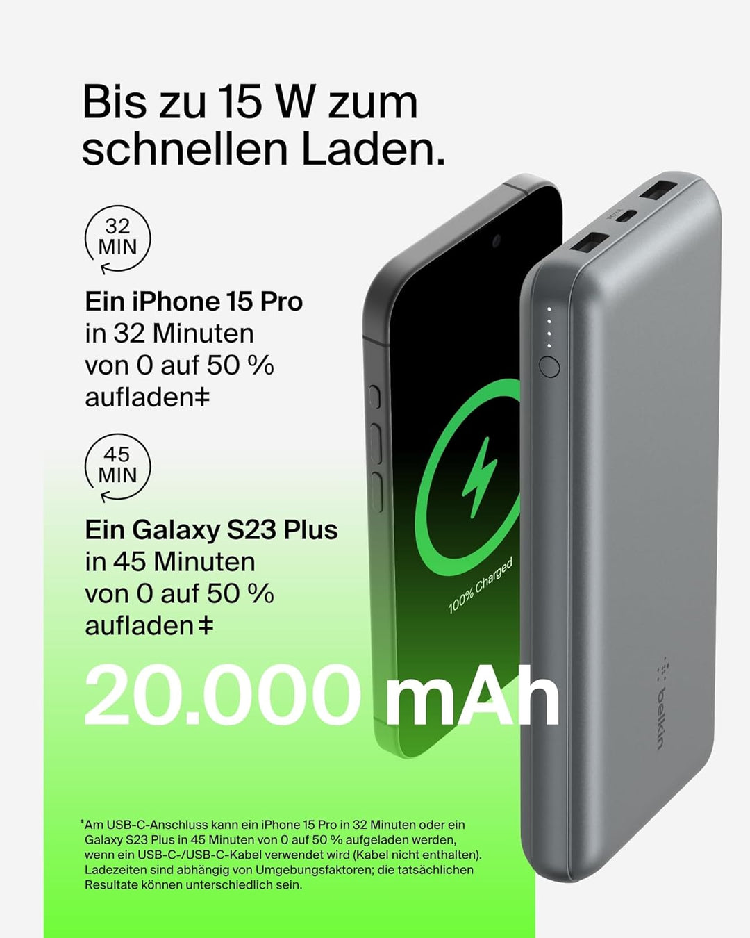 Belkin tragbares USB-C-Ladegerät, 20.000mAh, 20K Powerbank mit USB-C-EIN-/Ausgang und 2 USB-A-Anschl