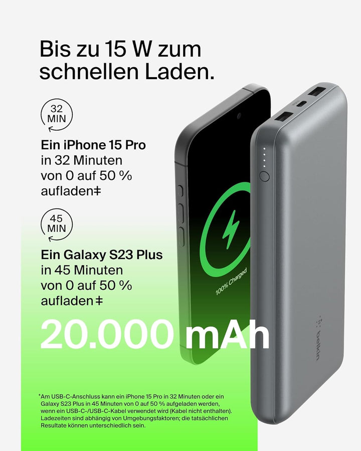 Belkin tragbares USB-C-Ladegerät, 20.000mAh, 20K Powerbank mit USB-C-EIN-/Ausgang und 2 USB-A-Anschl