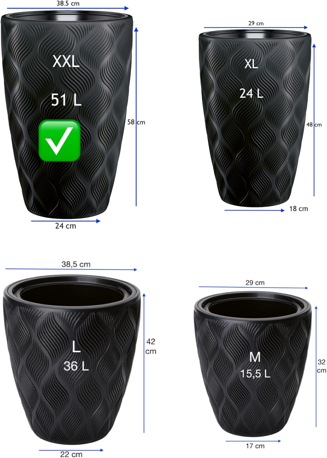 MELTOM Blumentopf mit Bewässerungssystem Rund Hoch 3D Effekt Dekorativ, Farbe: Schwarz, DxH: 39 x 58