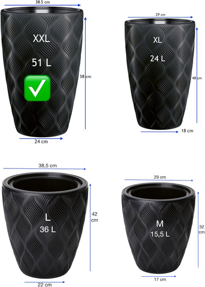 MELTOM Blumentopf mit Bewässerungssystem Rund Hoch 3D Effekt Dekorativ, Farbe: Schwarz, DxH: 39 x 58