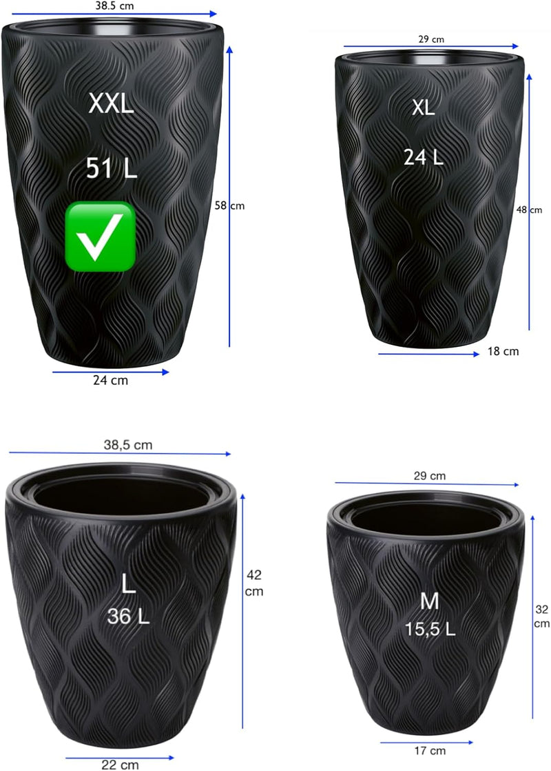MELTOM Blumentopf mit Bewässerungssystem Rund Hoch 3D Effekt Dekorativ, Farbe: Schwarz, DxH: 39 x 58
