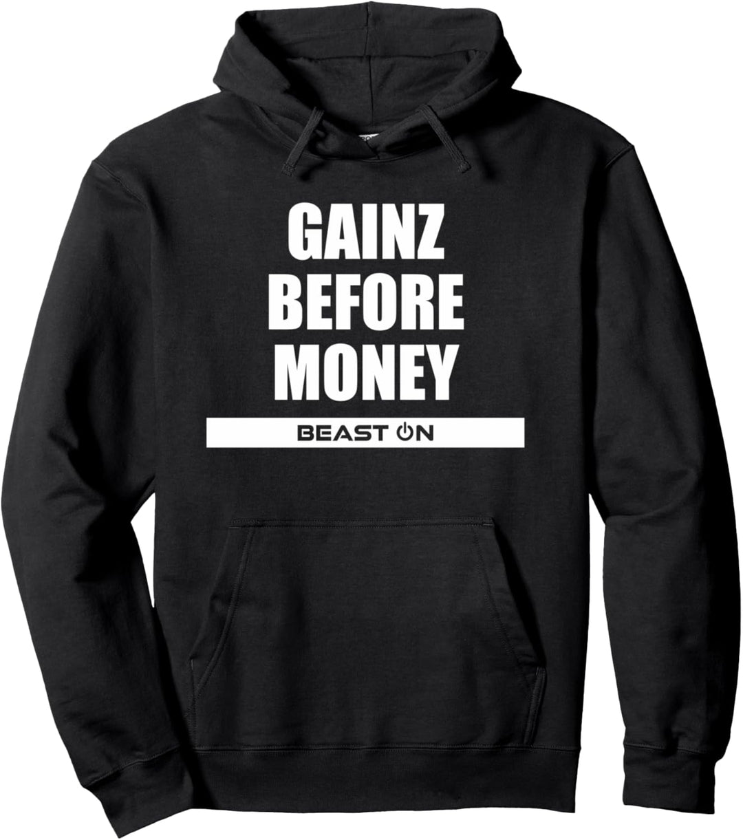 Gains before Money Fitness Motivation lustige Gym Sprüche Pullover Hoodie