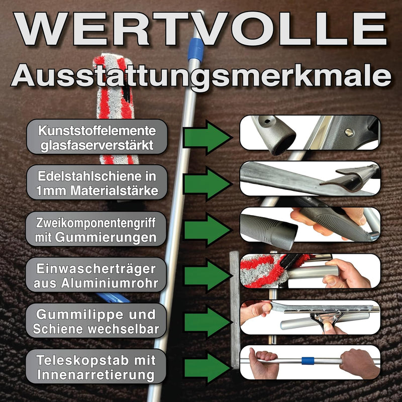 FenWi 3m Teleskop Fensterputzer Profi Set mit 25/30cm Kombi Einwascher/Abzieher, Gummilippe, Kombi F