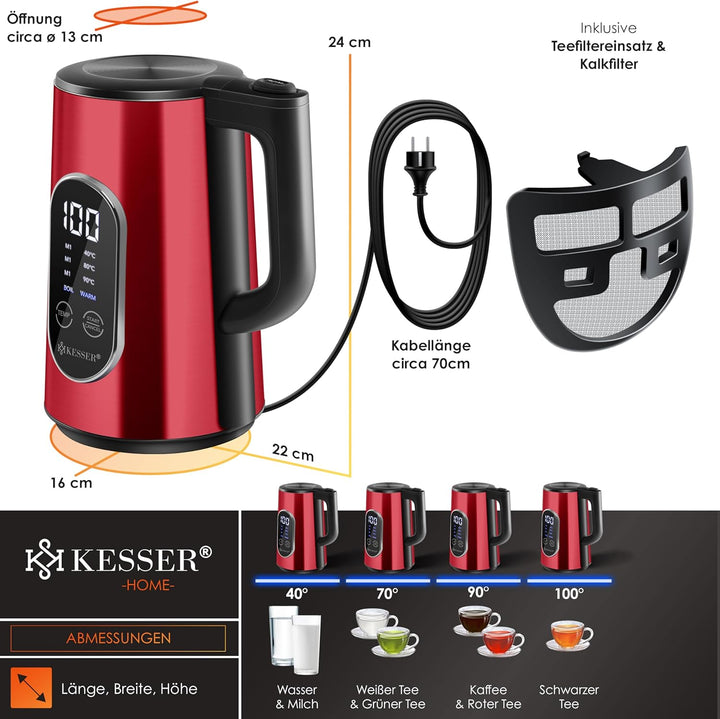KESSER® Wasserkocher Edelstahl 1.5 Liter | LED-Anzeige | 4-Modi Temperatureinstellung 40°C-100°C | 3