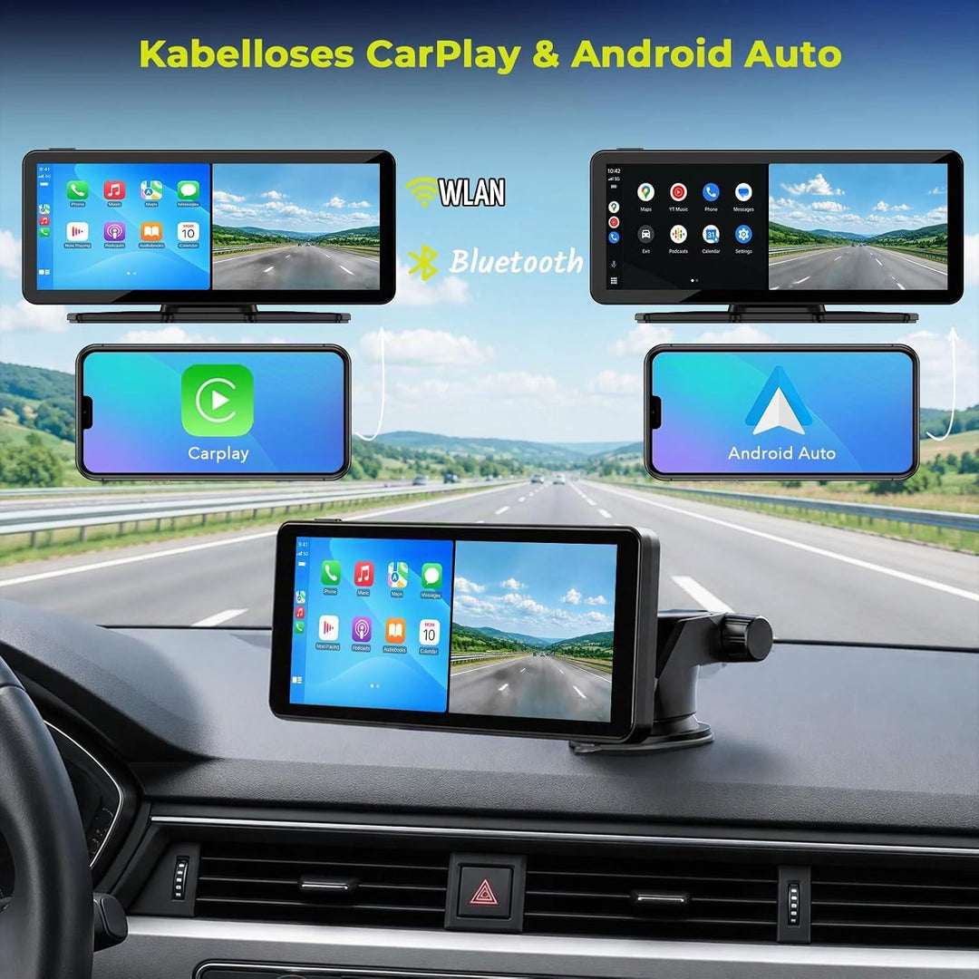 LAMTTO Wireless CarPlay Android Auto Display mit Dashcam 2,5K+1080P, Tragbares 6,86 Zoll HD Touchscr