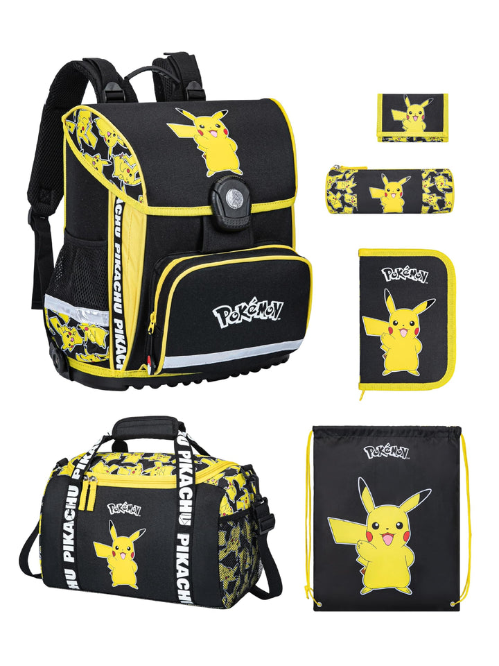 Familando - Schulranzen Set 6-teilig mit Sporttasche - Pokémon mit Pikachu Motiv - Ergonomisch, stab