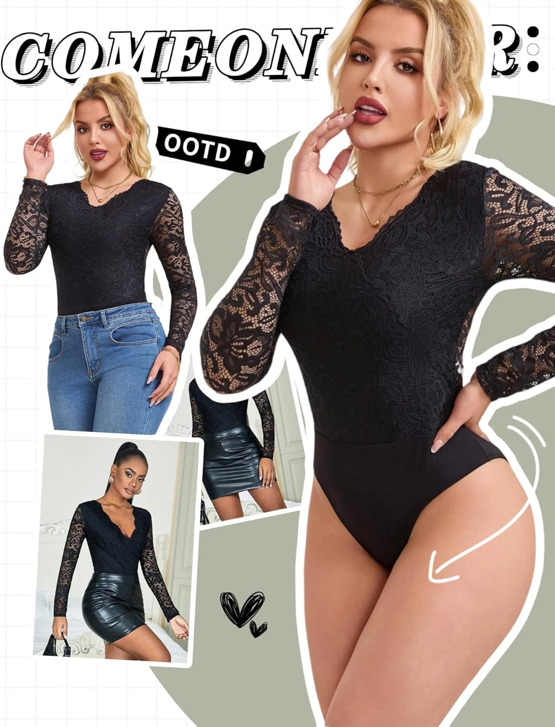 comeondear Sexy Body für Damen Grosse Grössen Langarm Oberteile Spitze V-Ausschnitt Overall Bodysuit