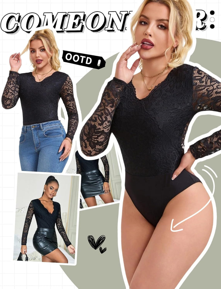 comeondear Sexy Body für Damen Grosse Grössen Langarm Oberteile Spitze V-Ausschnitt Overall Bodysuit