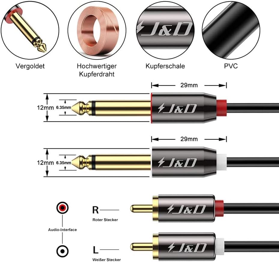J&D Cinch auf 6.3mm Klinke Kabel 1.8m, Cinch Kabel Gold-Plated Kupfer Shell Heavy Duty 2 Cinch Männl