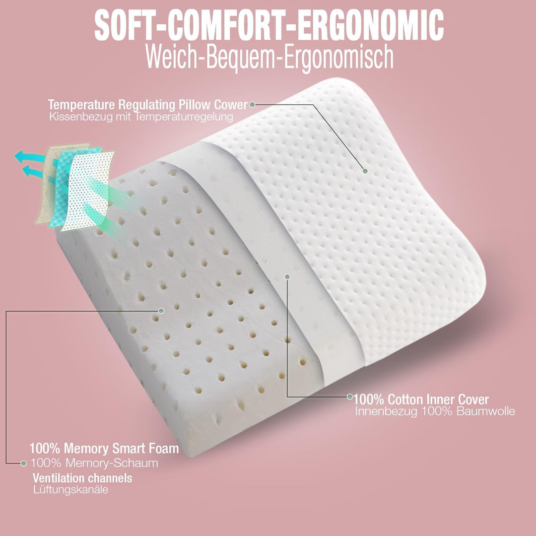 alkamto Reisekissen – Campingkissen – Ergonomisches Memory-Schaum-Kissen mit Temperaturregulierendem