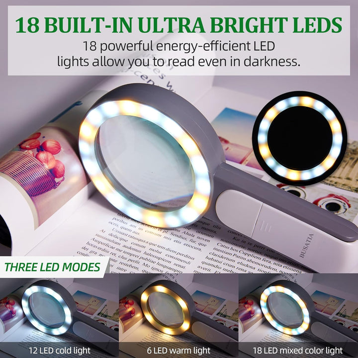 BUSATIA Lupe mit 18 Led Licht, 30X Handlupe Leselupe mit 3 Beleuchtungsmodi, Vergrösserungsglas zum