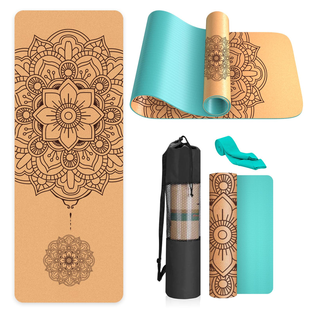 Yogamatte Kork – Rutschfeste Yoga Matte, Einzigartiges Design, Naturkautschuk TPE Gymnastikmatte, Tr
