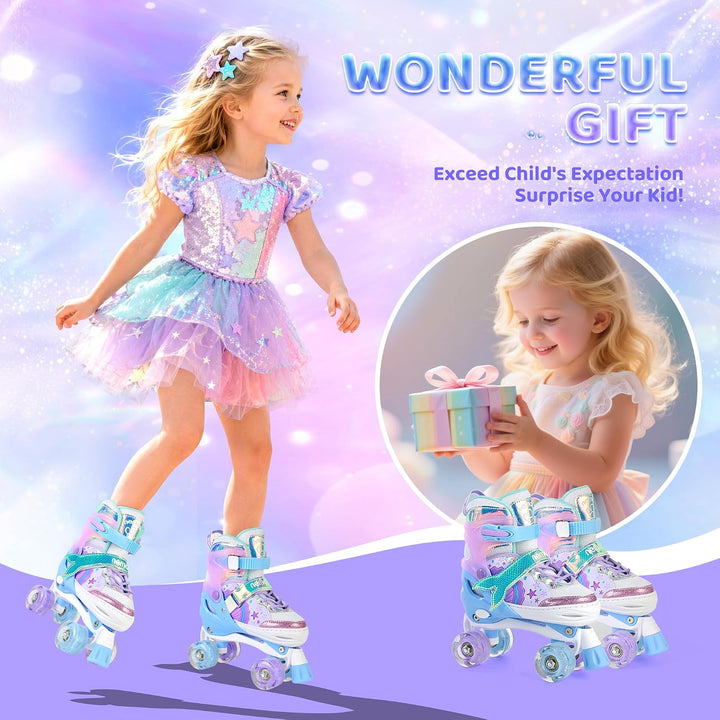 NEMONE Rollschuhe für Mädchen Kinder 4 Grössen Verstellbar Blau Violett Rollschuhe für Kinder Drinne