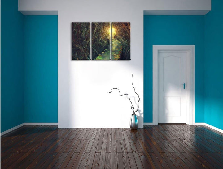 Pixxprint Gehweg im Wald / 3-Teilig/Gesamtmass 120cm Leinwandbild bespannt auf Holzrahmen/Wandbild K