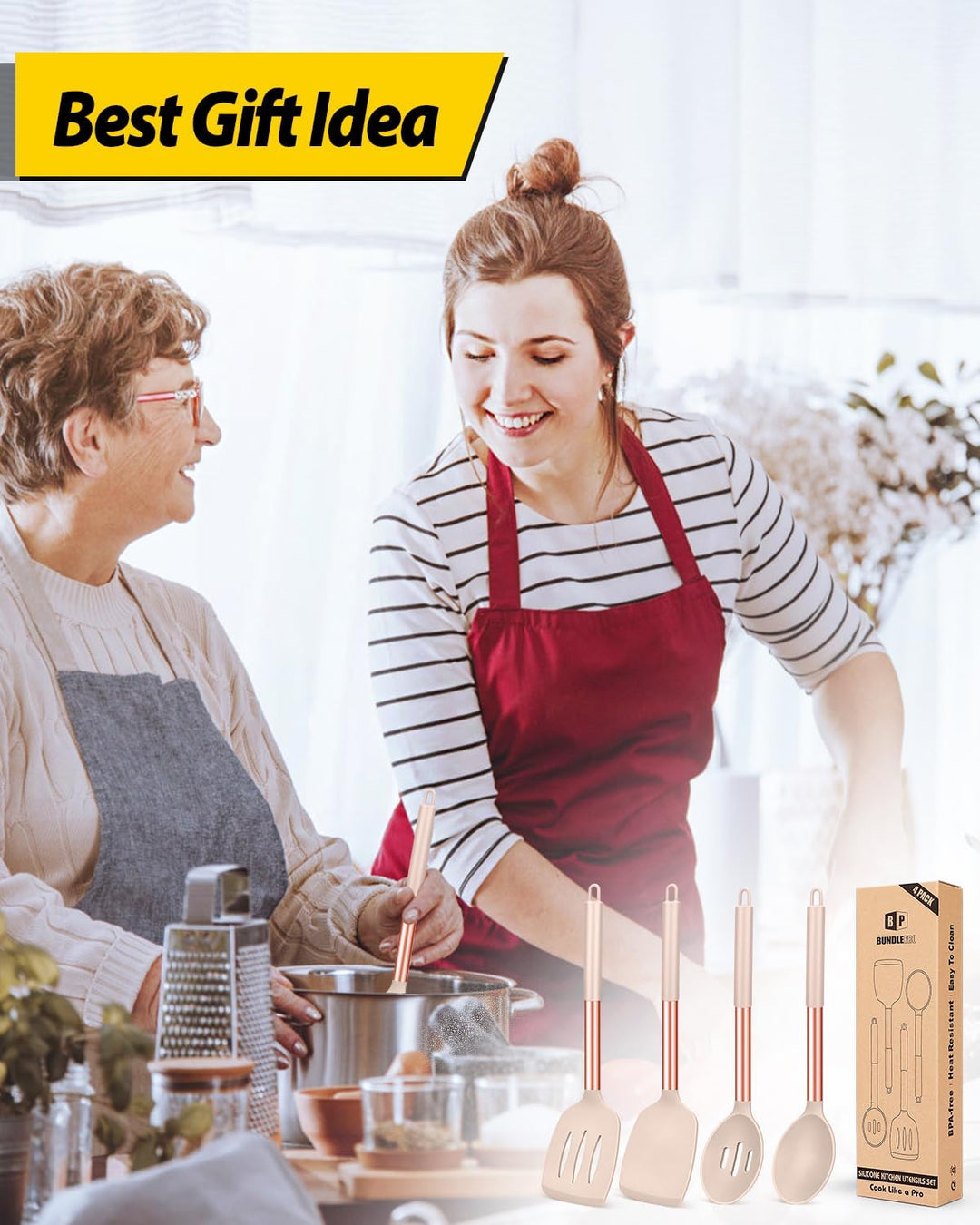 4 Stück Silikon-Kochutensilien-Set, antihaftbeschichtet, gross, solide Spatel, hitzebeständig, schwa